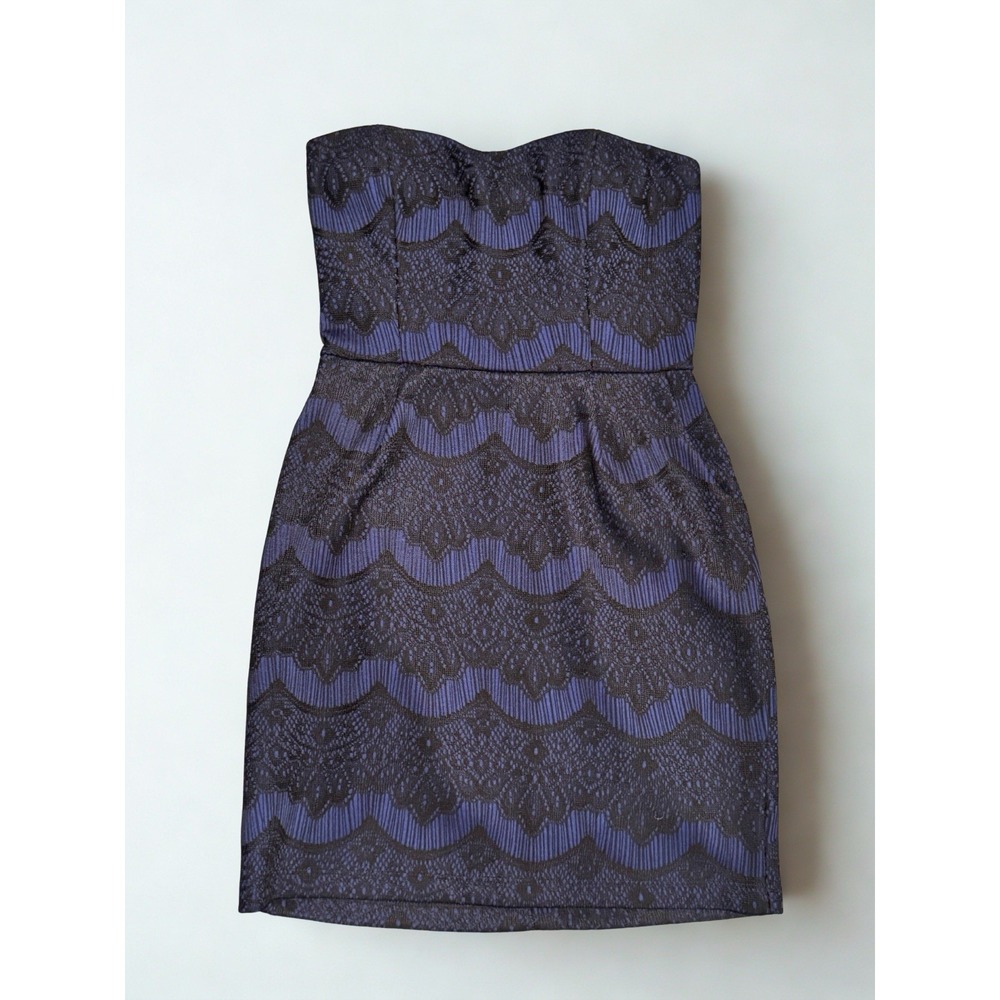 Mystic Navy Blue Strapless Y2K Vintage Hoco Dress With Black Stitch Overlay Sz M